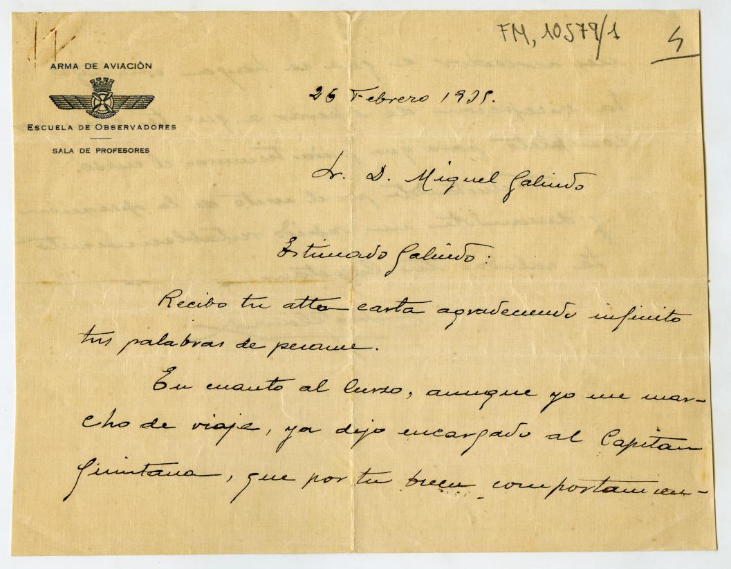 Carta de un capitán profesor de la Escuela de Observadores del Aeródromo de Cuatro Vientos, deseando a Miguel Galindo su pronto restablecimiento.