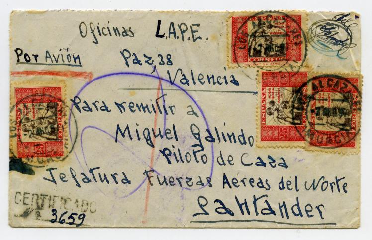 Sobre para remitir a Miguel Galindo, piloto de caza en Santander, desde las oficinas de Líneas Aéreas Postales Españolas (LAPE) de Valencia.