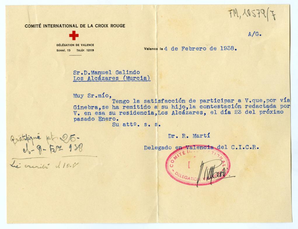 Carta de R. Martí, delegado en Valencia del Comité Internacional de la Cruz Roja, informando a Miguel Galindo Campillo que se ha remitido su carta a su hijo Miguel en prisión.