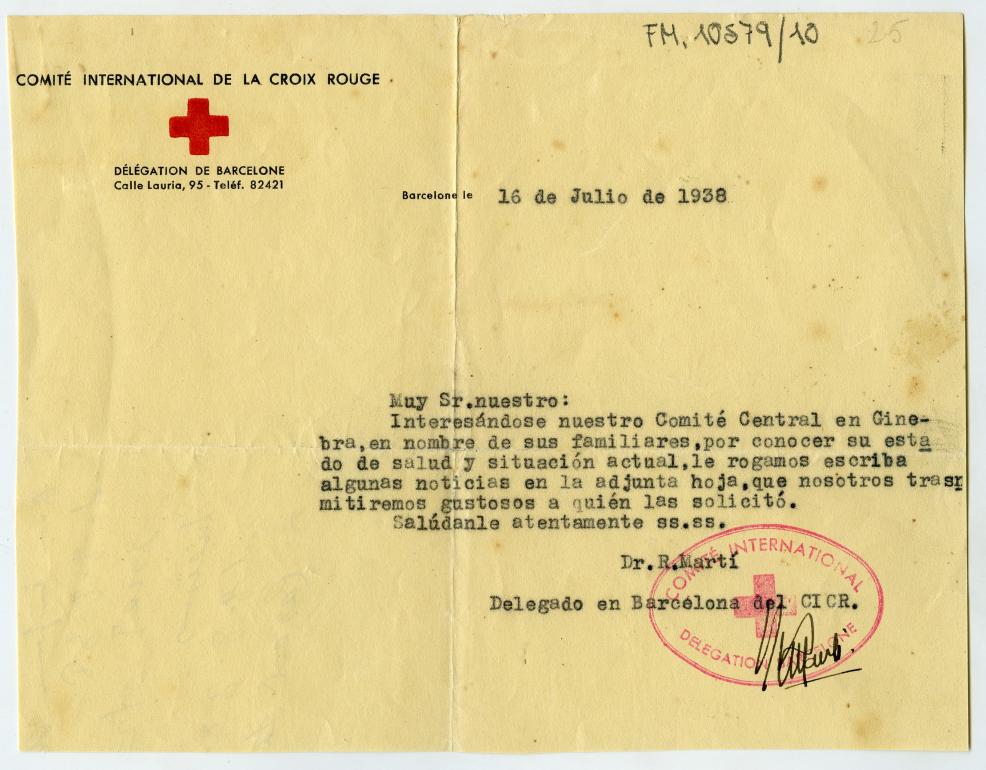 Carta de R. Martí, delegado en Barcelona del Comité Internacional de la Cruz Roja, dirigida a Miguel Galindo Saura, pidiendo noticias sobre su estado de salud para transmitirlas a sus familiares en Los Alcázares.