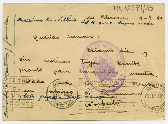 Tarjeta postal de Norberto Galindo dirigida a su hermano Miguel, en la 185 Compañía de Trabajadores Extranjeros de La Chapelle-Launay, en Savenay (Francia).