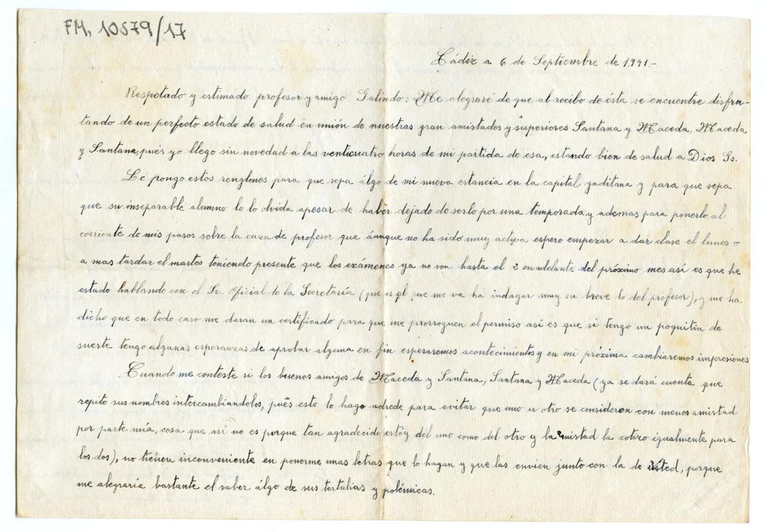 Carta de Belmonte Ruiz desde Cádiz dirigida a Miguel Galindo, comentando asuntos personales.