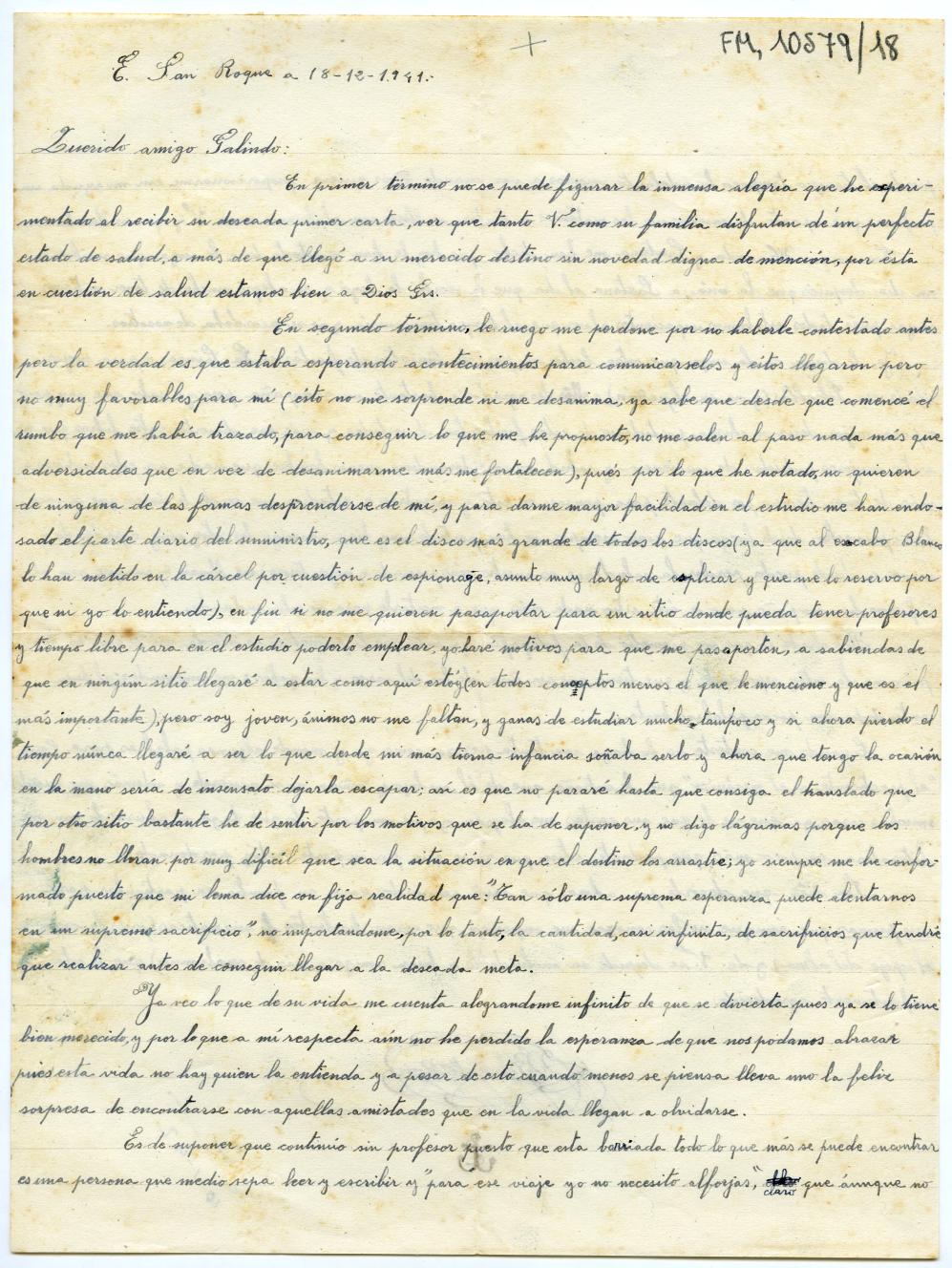 Carta de Belmonte Ruiz desde San Roque (Cádiz) dirigida a Miguel Galindo, comentando asuntos personales.