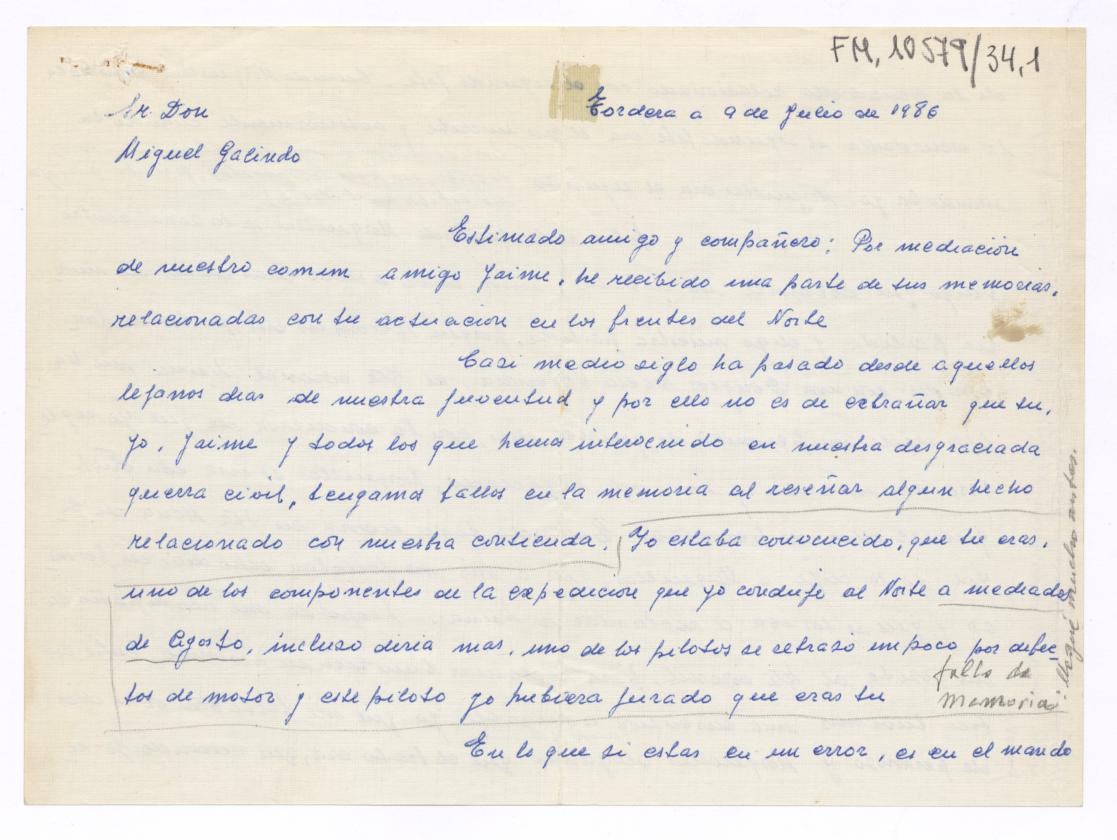 Correspondencia entre Miguel Galindo y Juan Comas Borrás, compañero piloto del Ejército republicano.