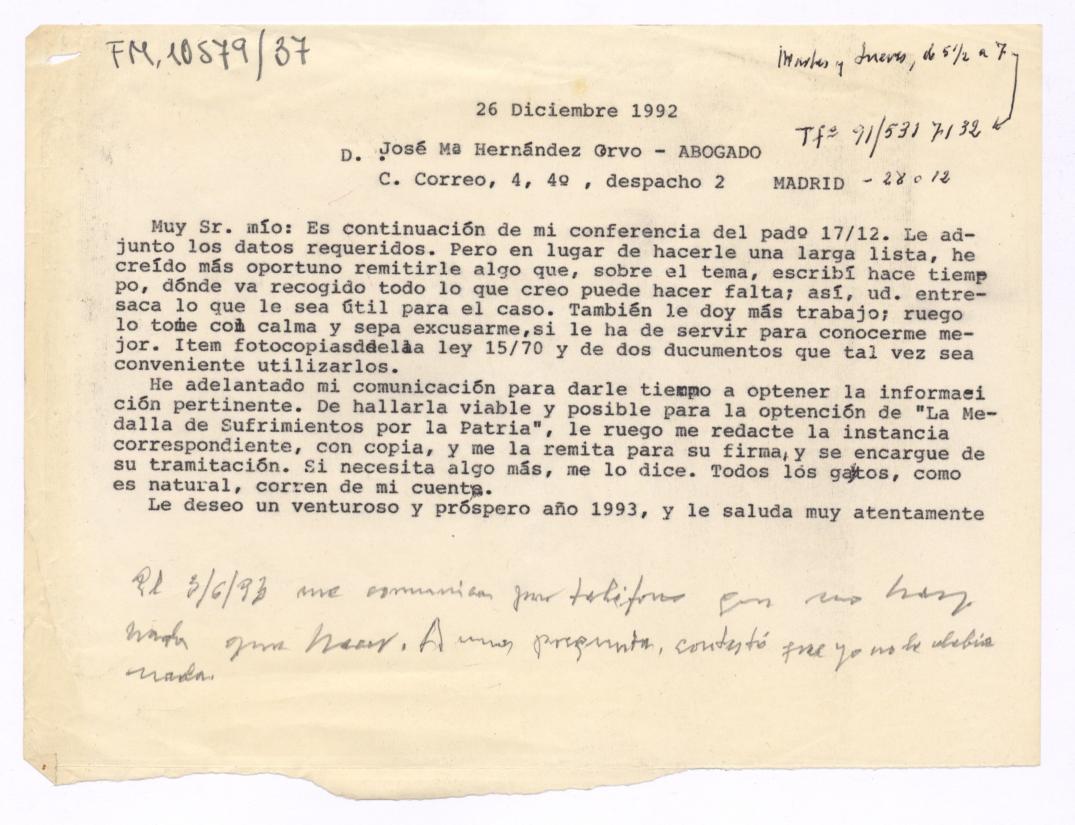 Fotocopia de una carta de Miguel Galindo al abogado José María Hernández Corvo, solicitando información sobre el trámite para la obtención de la 