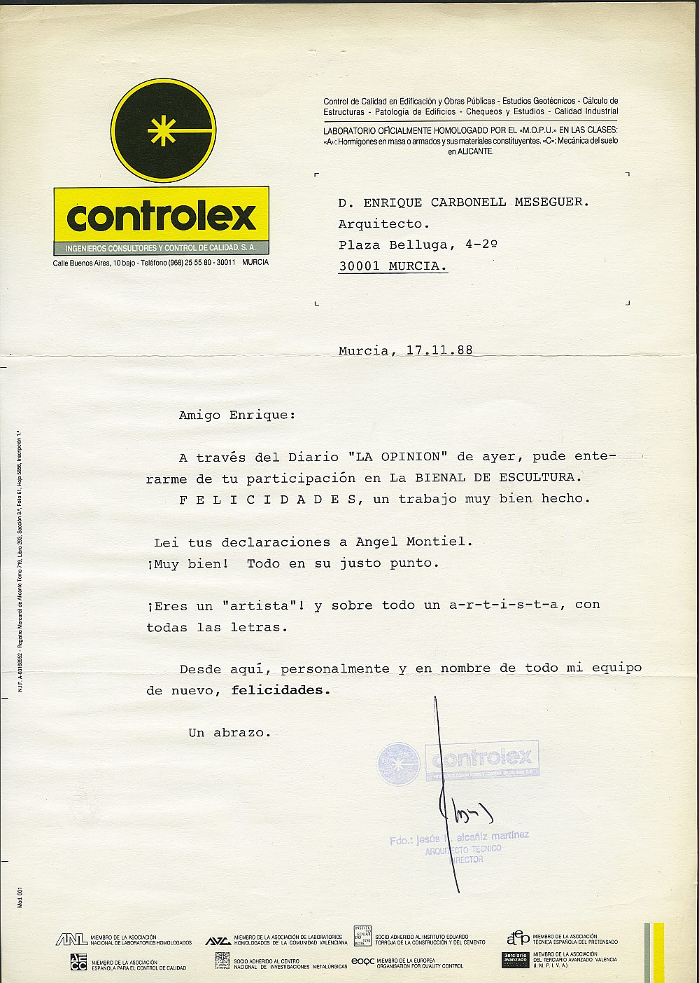 Carta de Jesús Alcañiz Martínez, arquitecto técnico y director de Controlex S.A., felicitando a Enrique por su participación en la II Bienal de Escultura de Murcia.