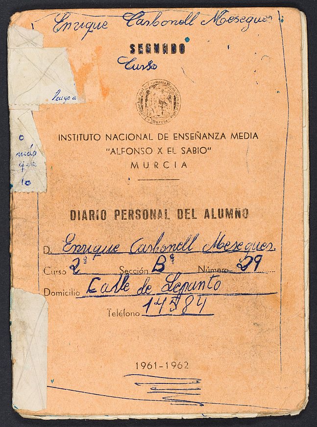 Diario personal del alumno Enrique Carbonell en el Instituto Alfonso X el Sabio, curso 1961-1962.