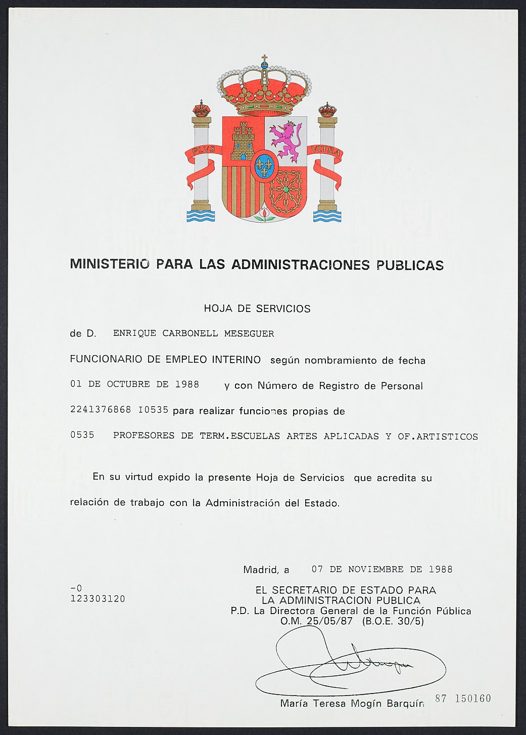 Hoja de servicios de Enrique Carbonell como funcionario interino del Ministerio de Administraciones Públicas.