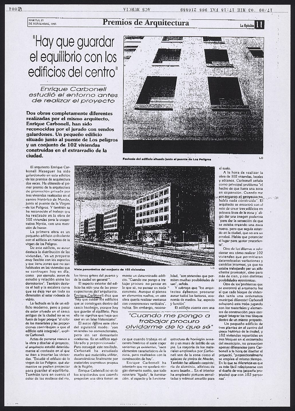 Copia de artículo en La Opinión sobre el Premio de Arquitectura y Urbanismo de la Región de Murcia a Enrique Carbonell.