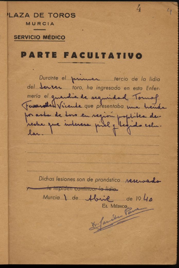 Parte médico de Tomás Fernández Vicente, guardia de seguridad.