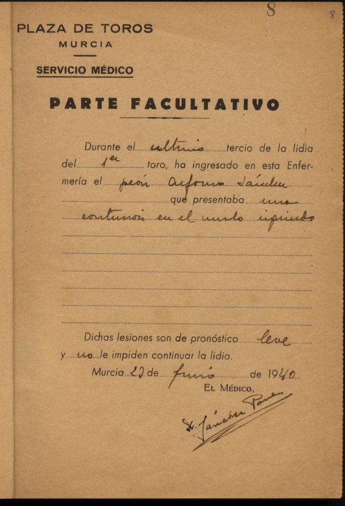 Parte médico de Alfonso Sánchez, banderillero.
