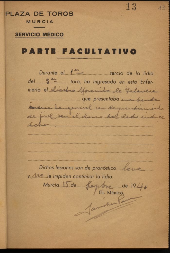 Parte médico de Morenito de Talavera, torero.