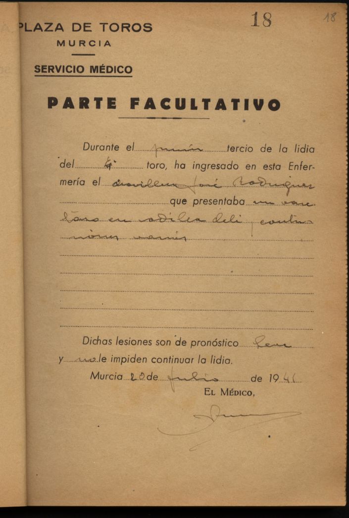 Parte médico de José Rodríguez, banderillero.