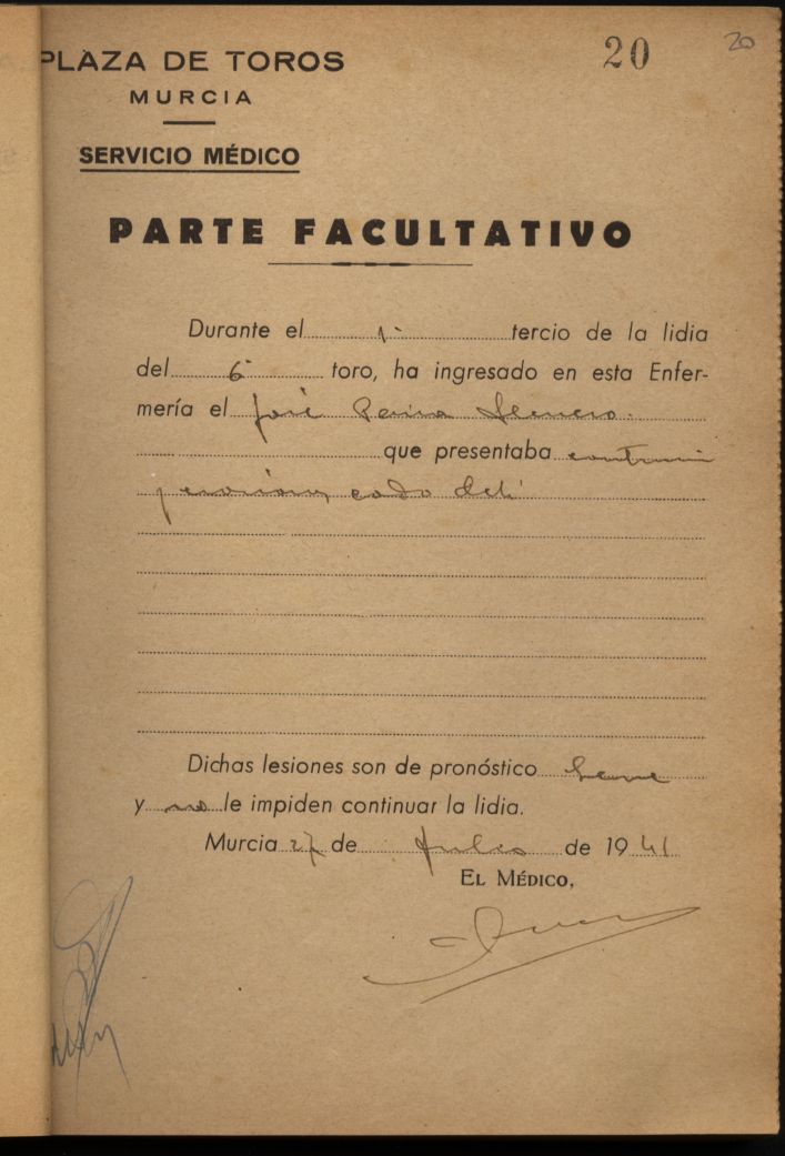 Parte médico de José Penina Herrero.