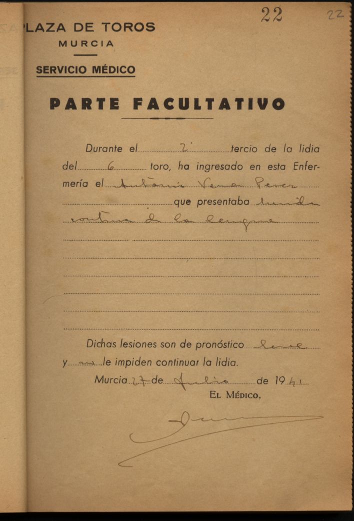 Parte médico de Antonio Vera Pérez, torero.