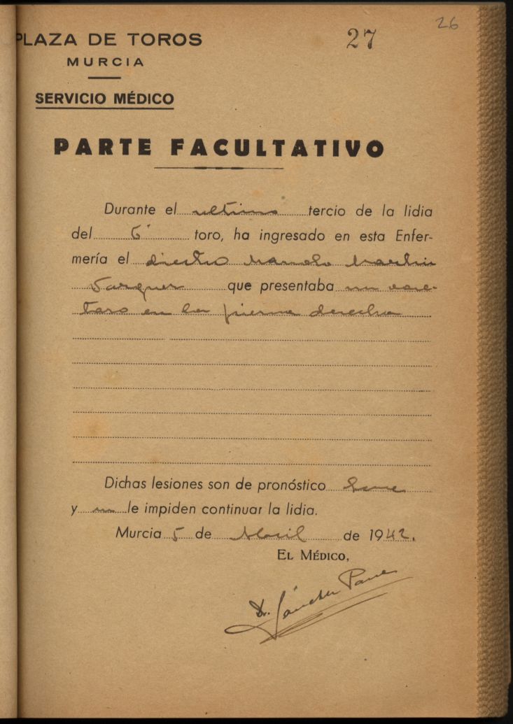 Parte médico de Manolo Martín Vázquez, torero.