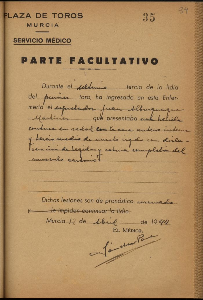 Parte médico de Juan Alburquerque Martínez, espectador.