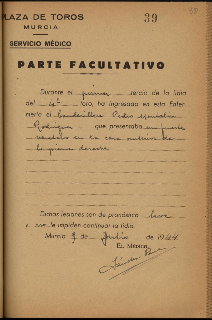 Parte médico de Pedro Montoliú Rodríguez, banderillero.