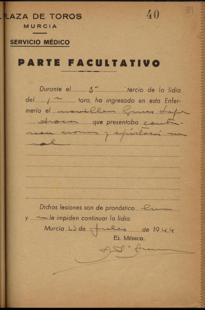 Parte médico de Ginés López Aroca, novillero.