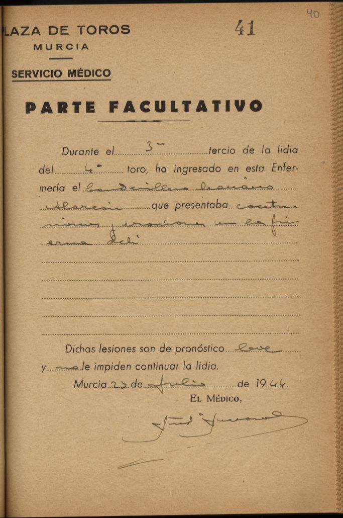 Parte médico de Mariano Alarcón, banderillero.
