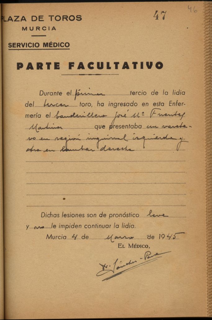 Parte médico de Jose María Fuentes Martínez, banderillero.