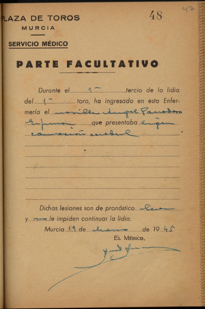 Parte médico de Ángel Panadero Espinosa, novillero.