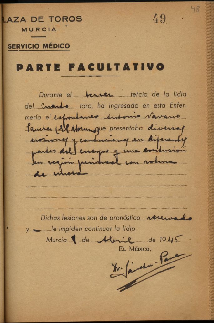 Parte médico de Antonio Navarro Sánchez, 