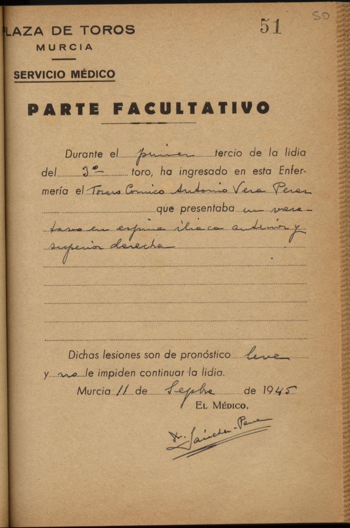 Parte médico de Antonio Vera Pérez, torero cómico.