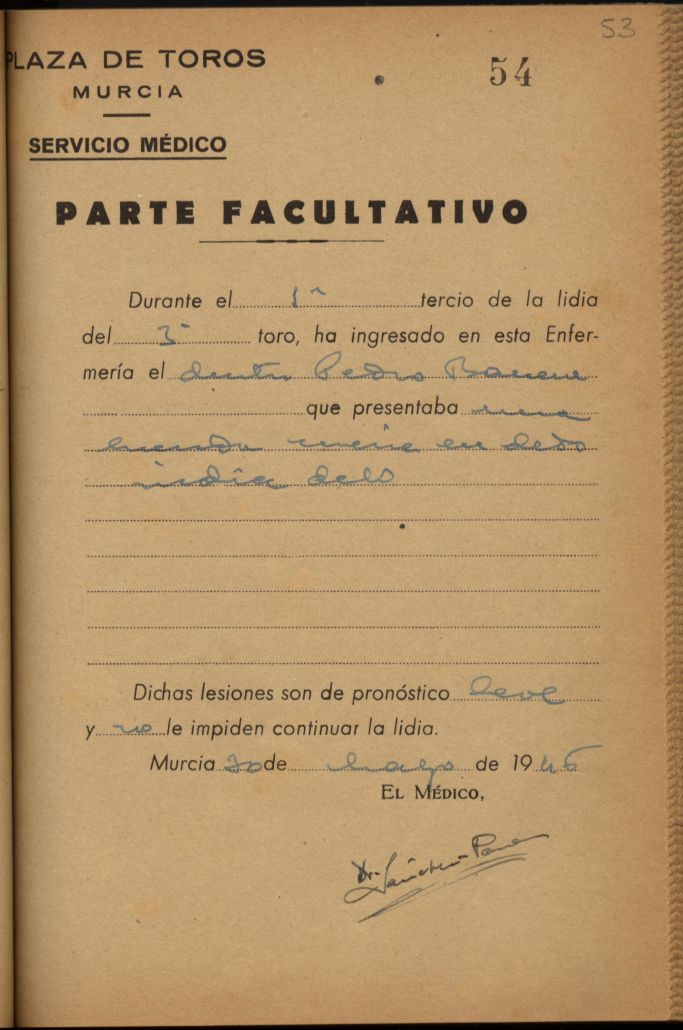 Parte médico de Pedro Barrera, torero.