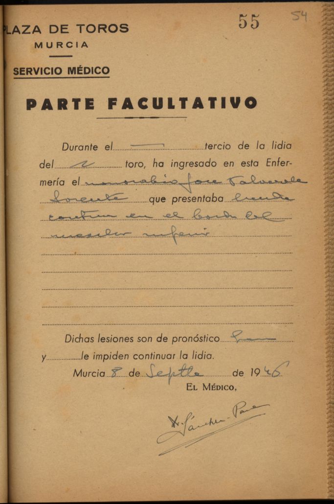 Parte médico de José Talaverada Lorente, monosabio.