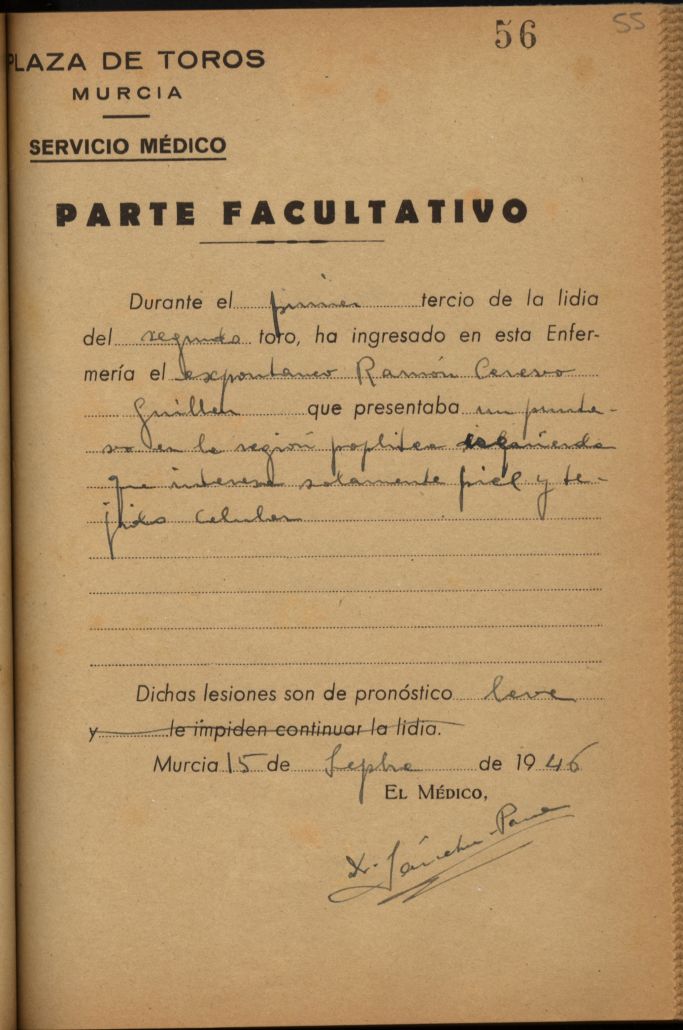 Parte médico de Ramón Cerezo Guillén, espontáneo.