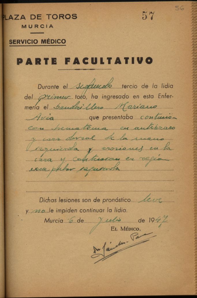 Parte médico de Mariano Avía, banderillero.