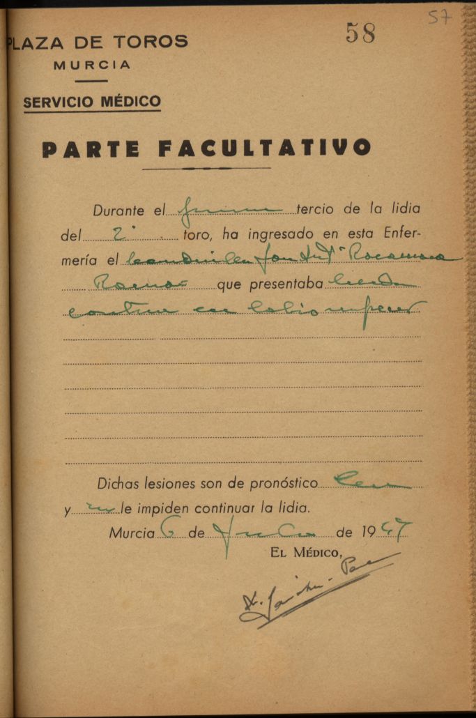 Parte médico de José Antonio Rocamora Román, banderillero.