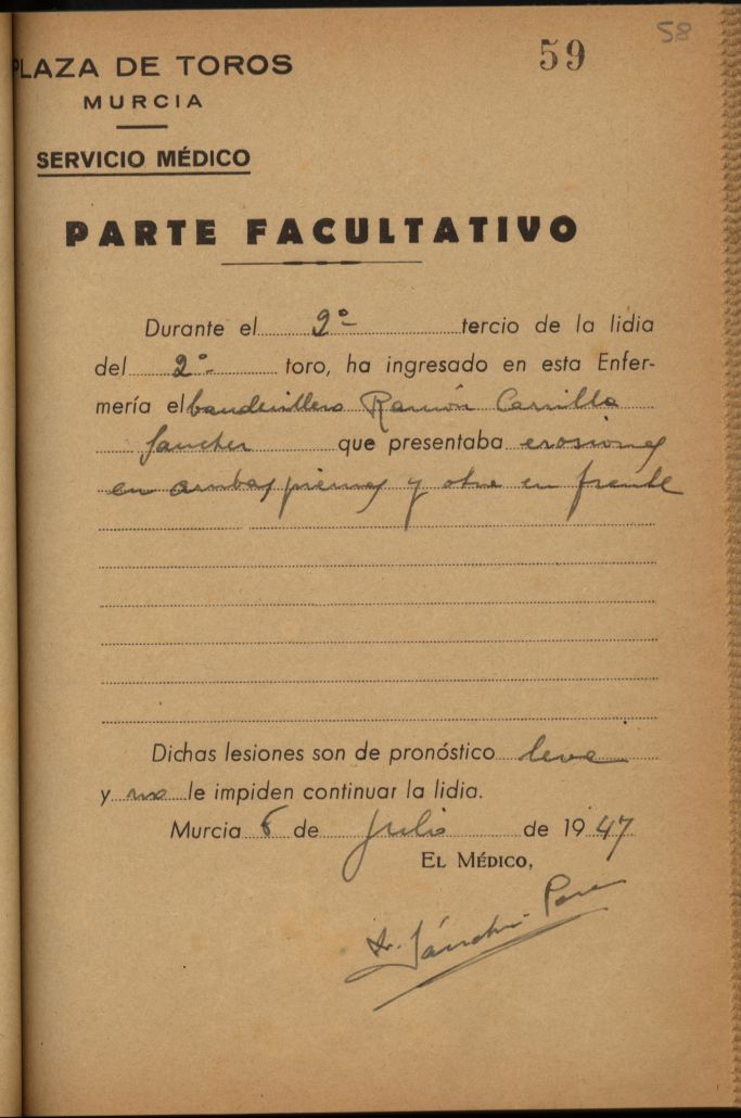 Parte médico de Ramón Carrillo Sánchez, banderillero.