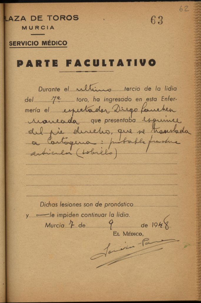 Parte médico de Diego Sánchez Moncada, espectador.