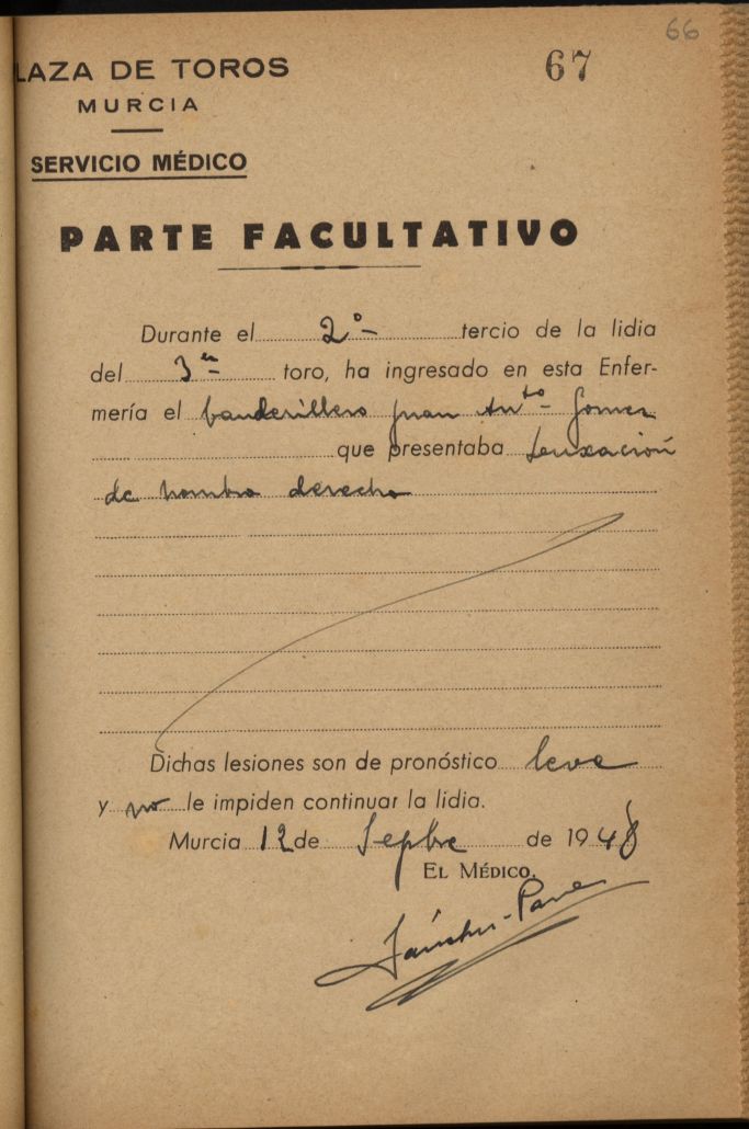 Parte médico de Juan Antonio Gómez, banderillero.