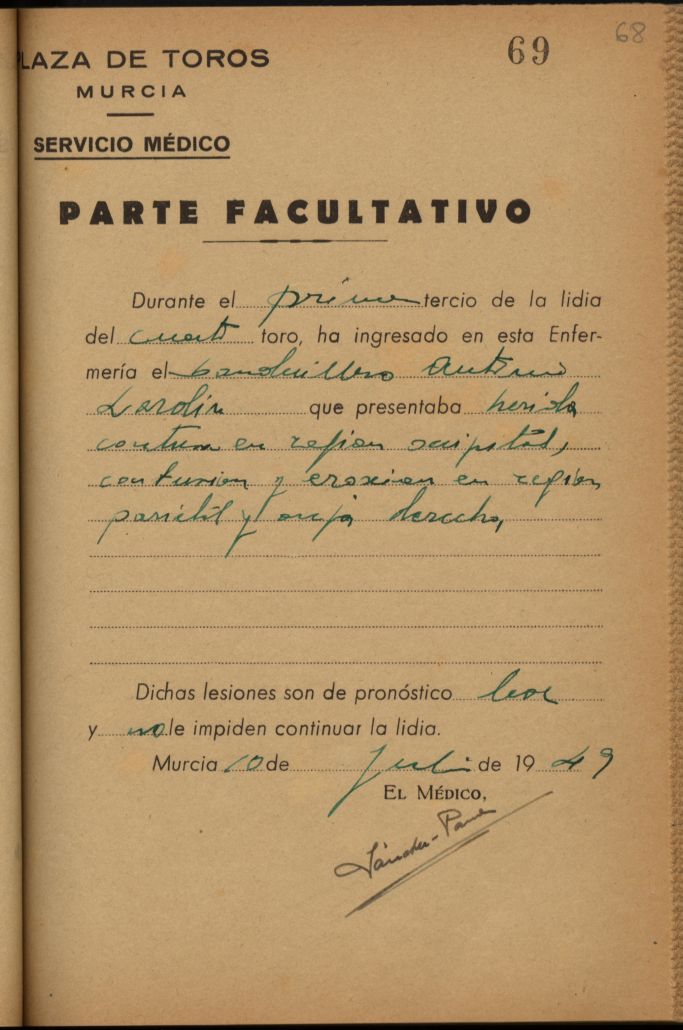 Parte médico de Antonio Larolín, banderillero.