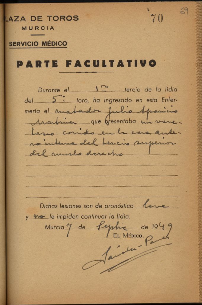Parte médico de Julio Aparicio Martínez, torero.