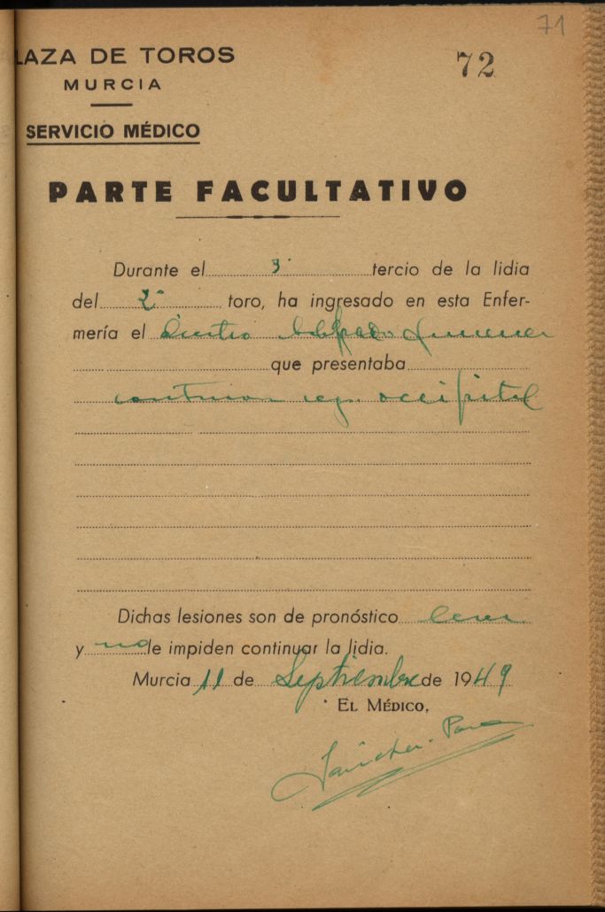 Parte médico deAlfredo Jiménez, torero.