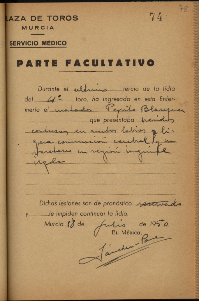 Parte médico de Pepito Blázquez, torero.