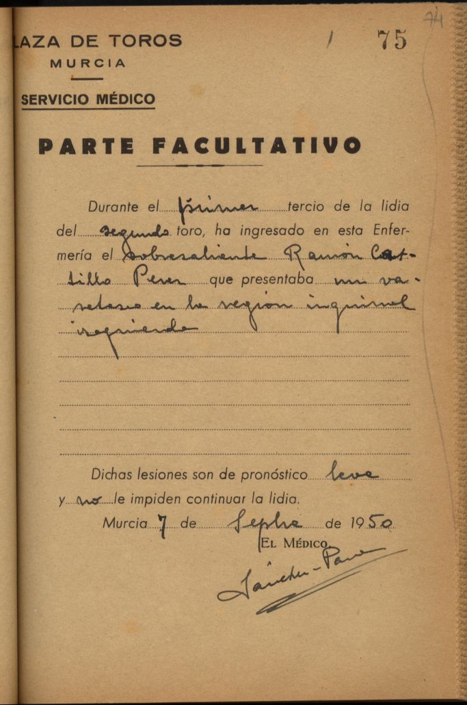 Parte médico de Ramón Castillo Pérez, sobresaliente.