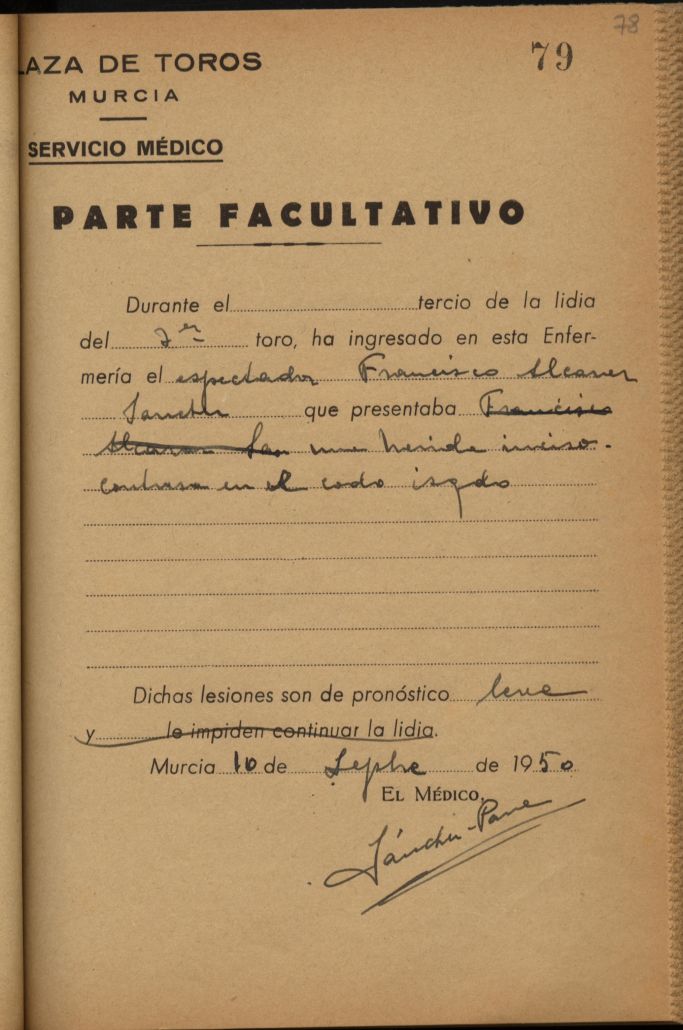 Parte médico de Francisco Alcaráz Sánchez, espectador.