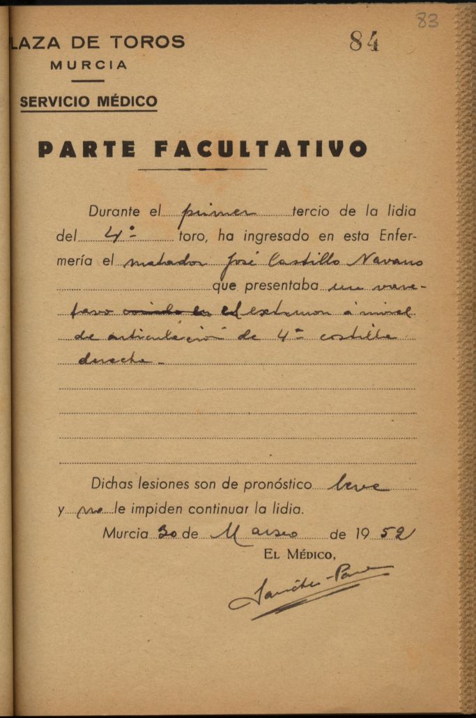 Parte médico de José Castillo Navarro, torero.