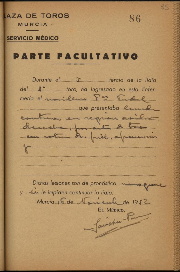 Parte médico de Francisco Vidal, novillero.