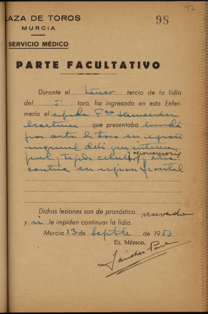 Parte médico de Francisco Hernández Martínez, torero.