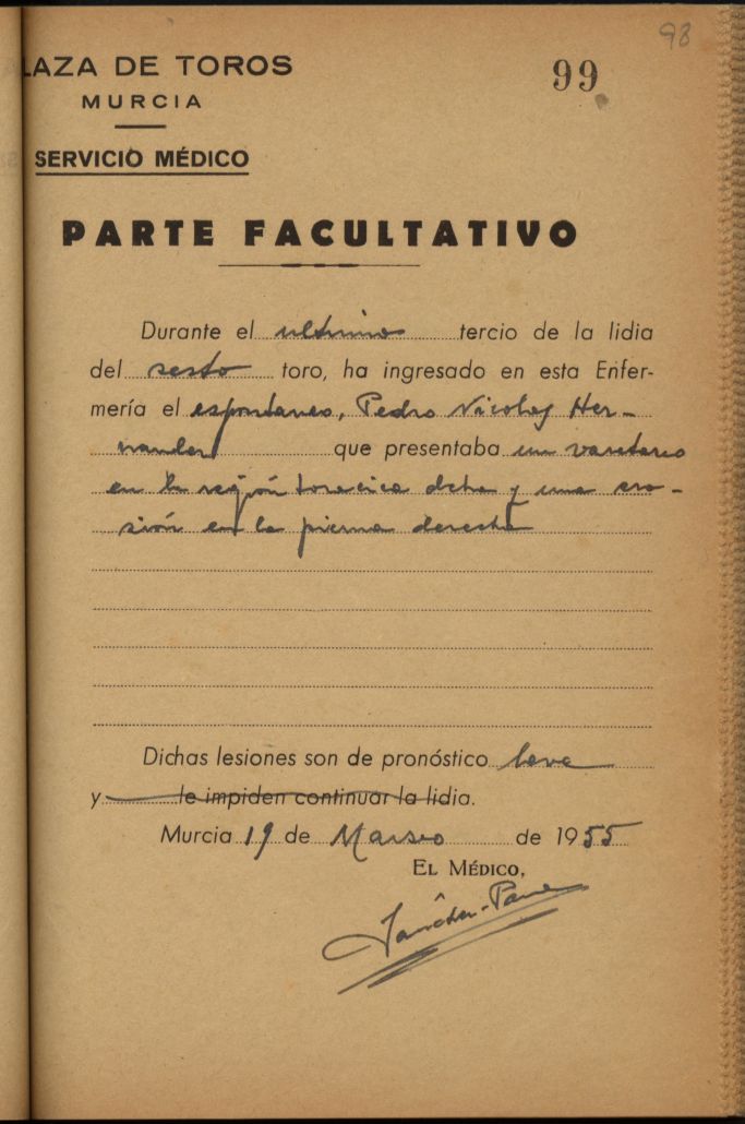 Parte médico de Pedro Nicolás Hernández, espontáneo.
