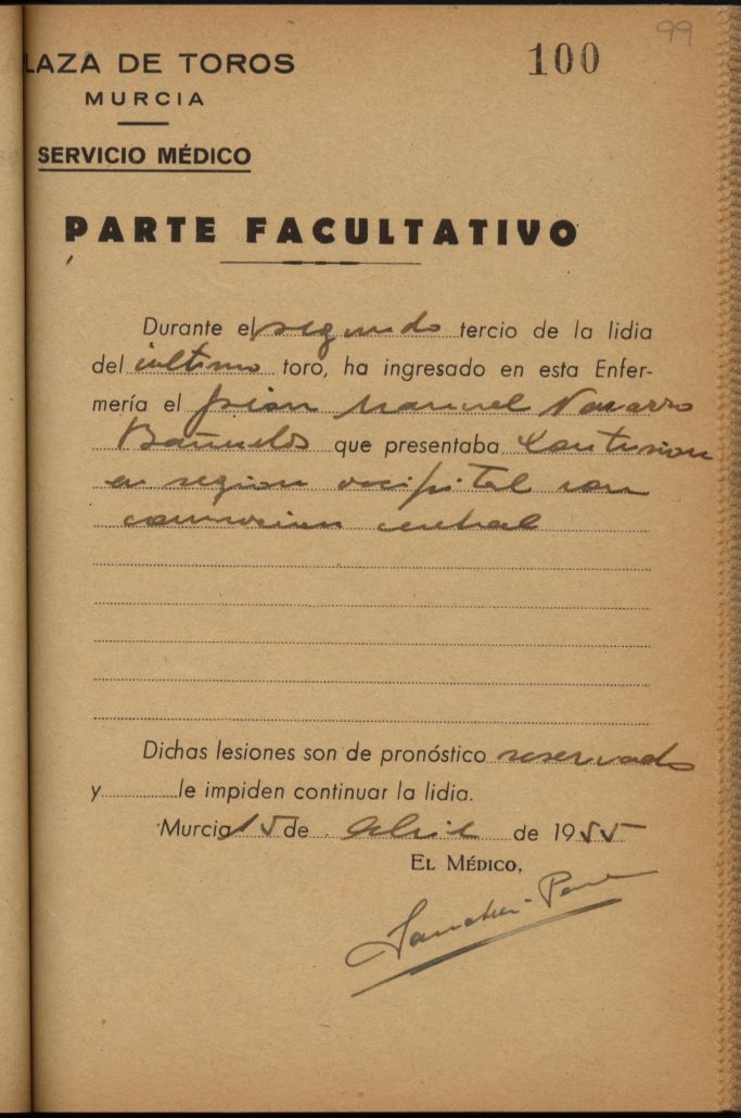 Parte médico de Manuel Navarro Bañuelos, banderillero.