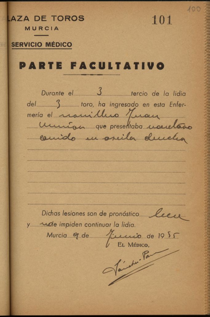 Parte médico de Juan Muñoz, novillero.