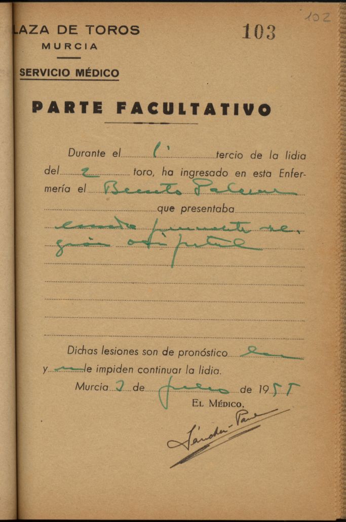 Parte médico de Benito Palencia, torero.