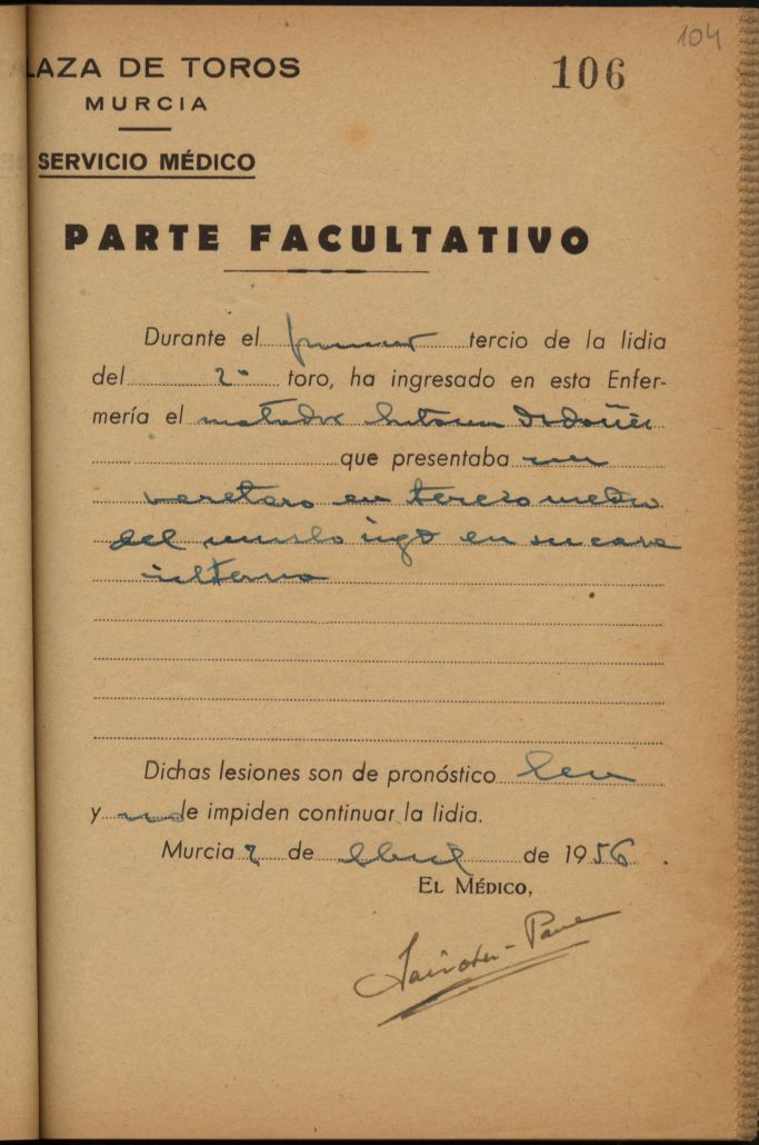 Parte médico de Antonio Ordóñez, torero.